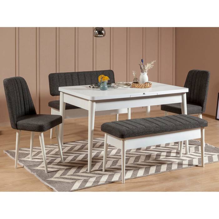 Set tavolo e sedie allungabili 5 pezzi Legno Bianco Malva e Tessuto  Antracite
