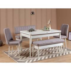 Set table extensible, 2 chaises, banc et banquette Malva Bois Blanc et Tissu Gris