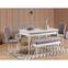 Set di tavolo allungabile, 2 sedie, panca e seduta Malva in legno bianco e tessuto grigio