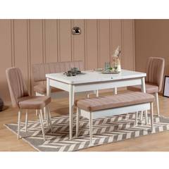 Set di tavolo allungabile, 2 sedie, panca e seduta Malva in legno bianco e tessuto beige