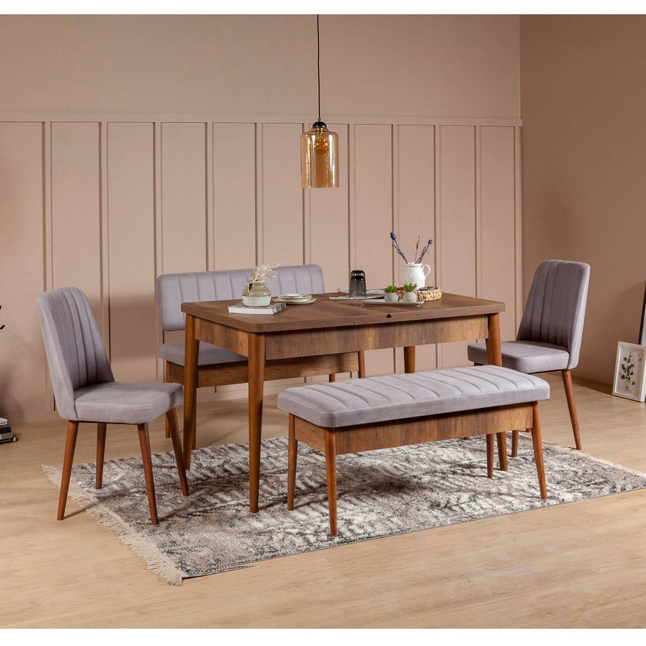 Set ausziehbarer Tisch, 2 Stühle, Bank und Sitzbank Malva Dunkles Holz und grauer Stoff