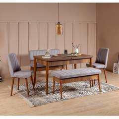 Set table extensible, 2 chaises, banc et banquette Malva Bois foncé et Tissu Gris