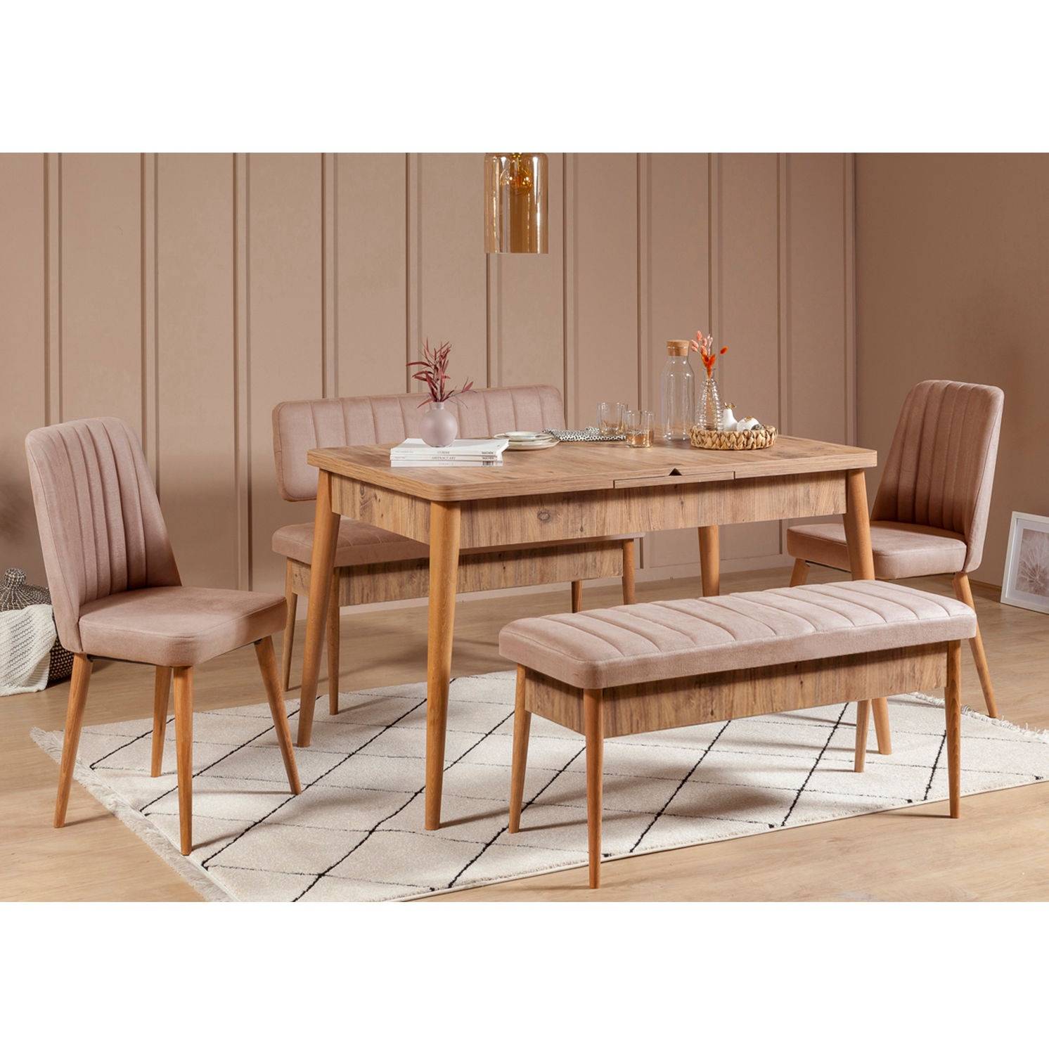 Set van uitschuifbare tafel, 2 stoelen, bank en zitbank Malva Licht hout en Beige stof