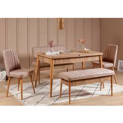 Set di tavolo allungabile, 2 sedie, panca e seduta Malva Legno chiaro e tessuto beige