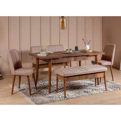 Set table extensible, 2 chaises, banc et banquette Malva Bois foncé et Tissu Beige