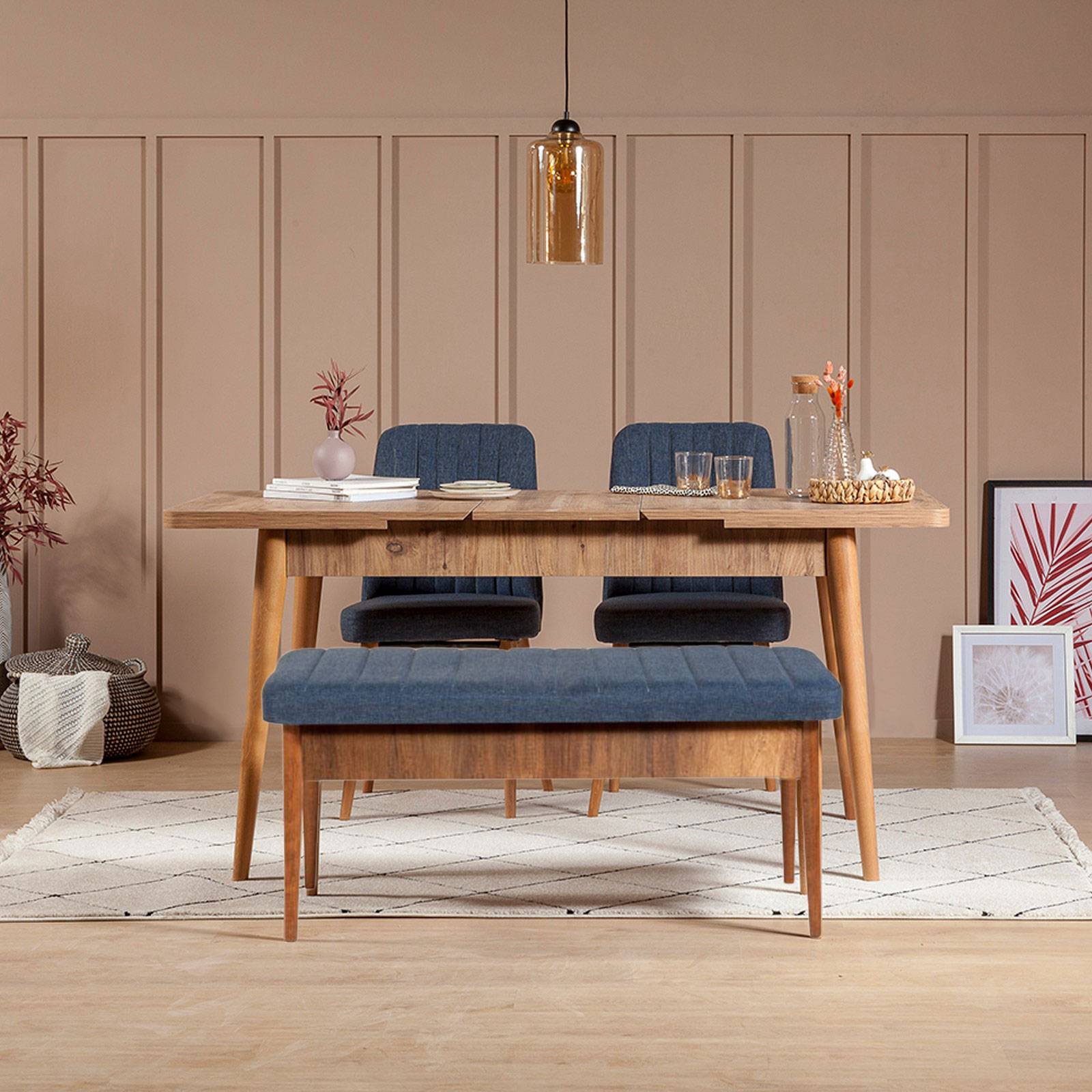 4-delige uitschuifbare tafel en stoelenset Malva grenenhout en donkerblauwe stof