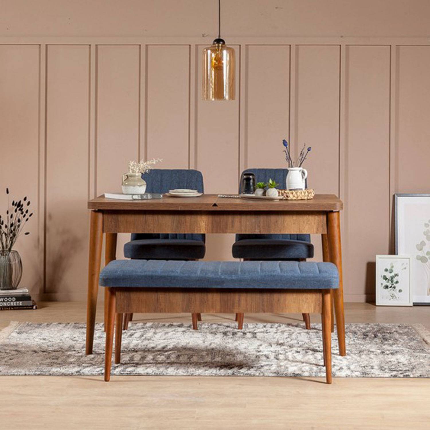 Malva 4-delige uitschuifbare tafel en stoel set natuurlijk hout en donkerblauwe stof