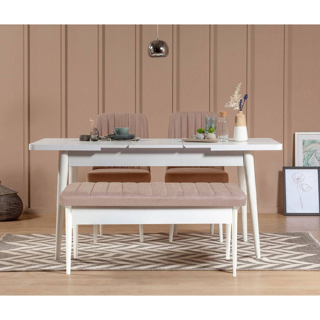 Set table et chaise 4 pièces extensible Malva Bois Blanc et Tissu Beige