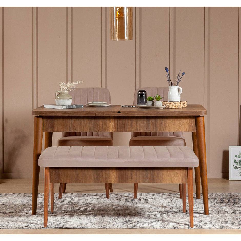 Malva 4-delige uitschuifbare tafel en stoelset Steenkleurig walnoot melamine paneel