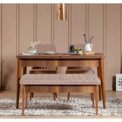 4-teiliges ausziehbares Tisch- und Stuhlset Malva Naturholz und beiger Stoff