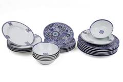 Set vaisselle service dîner 24 pièces Marckel 100éramique Motif Faïence arabesque Bleu et Blanc