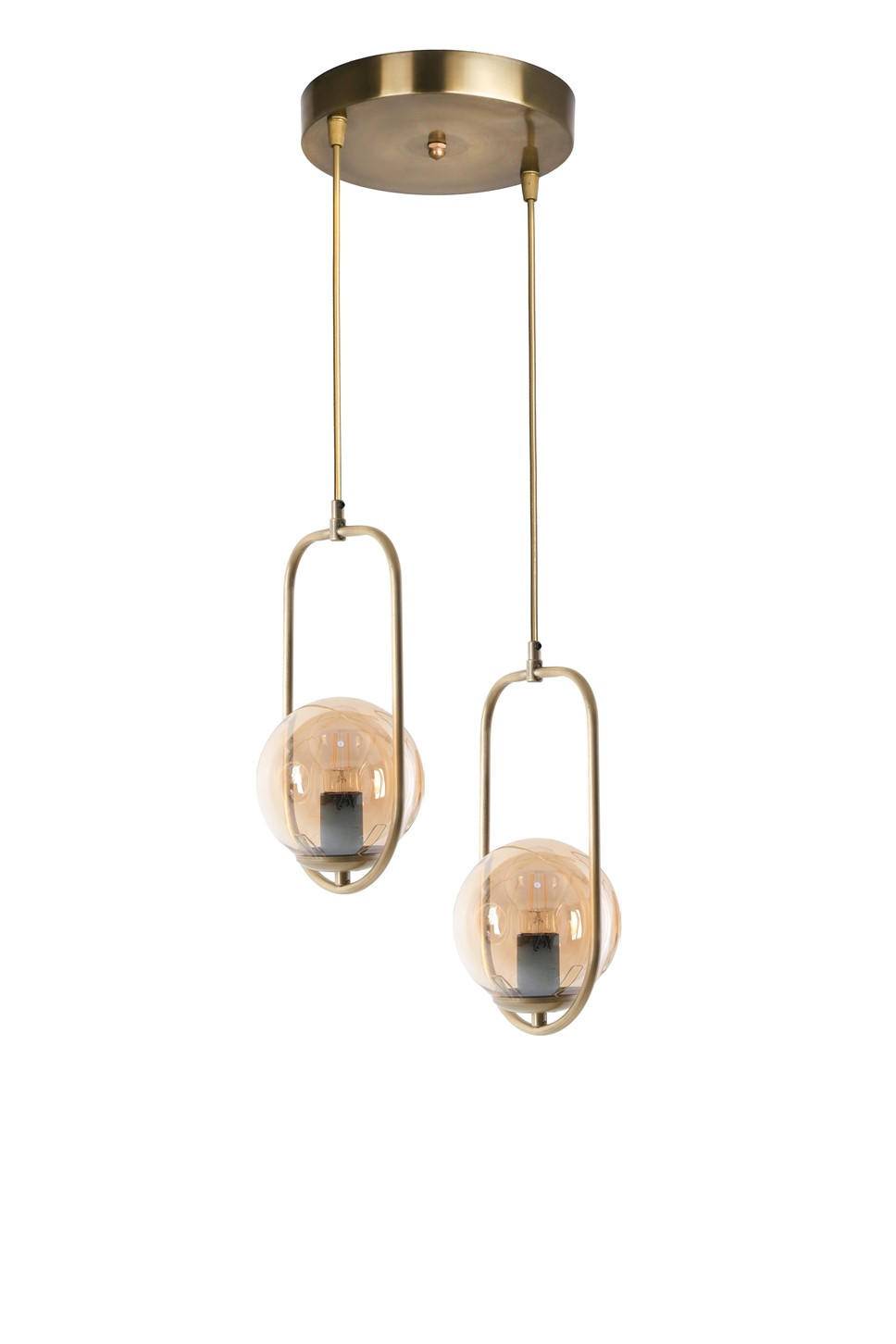 Hanglamp met 2 omcirkelde wereldbollen Bulla H70 cm Metaal Glas Antiek Goud Amber