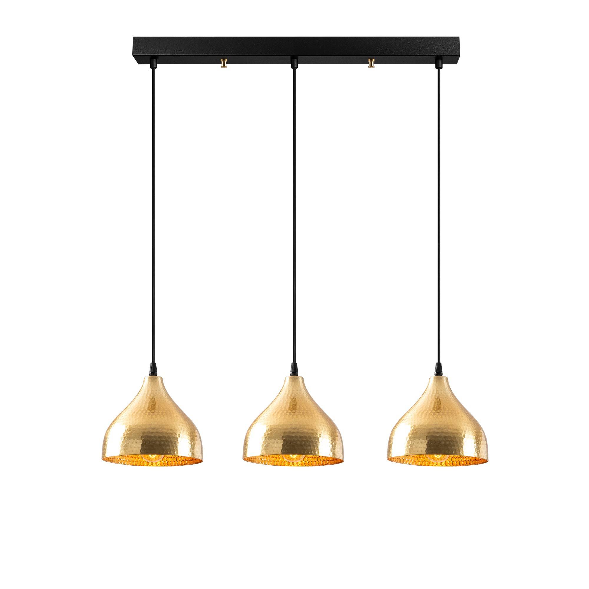 Lámpara colgante Gakula 3 luces en línea Metal martillado Negro y oro