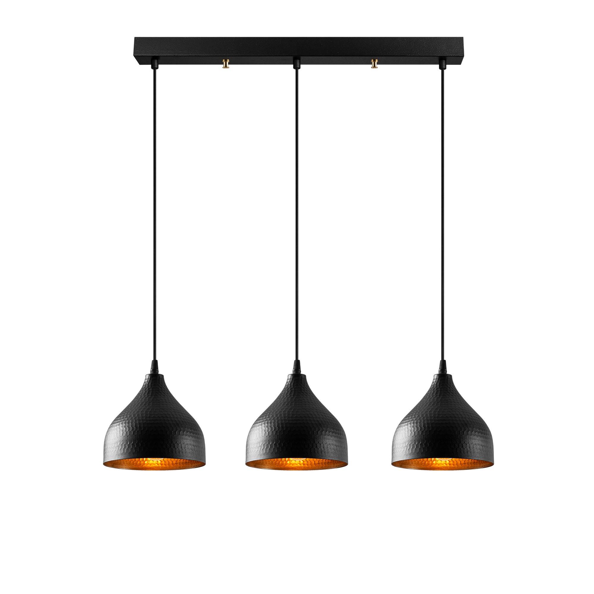 Lámpara colgante Gakula 3 luces en línea Metal martillado Negro