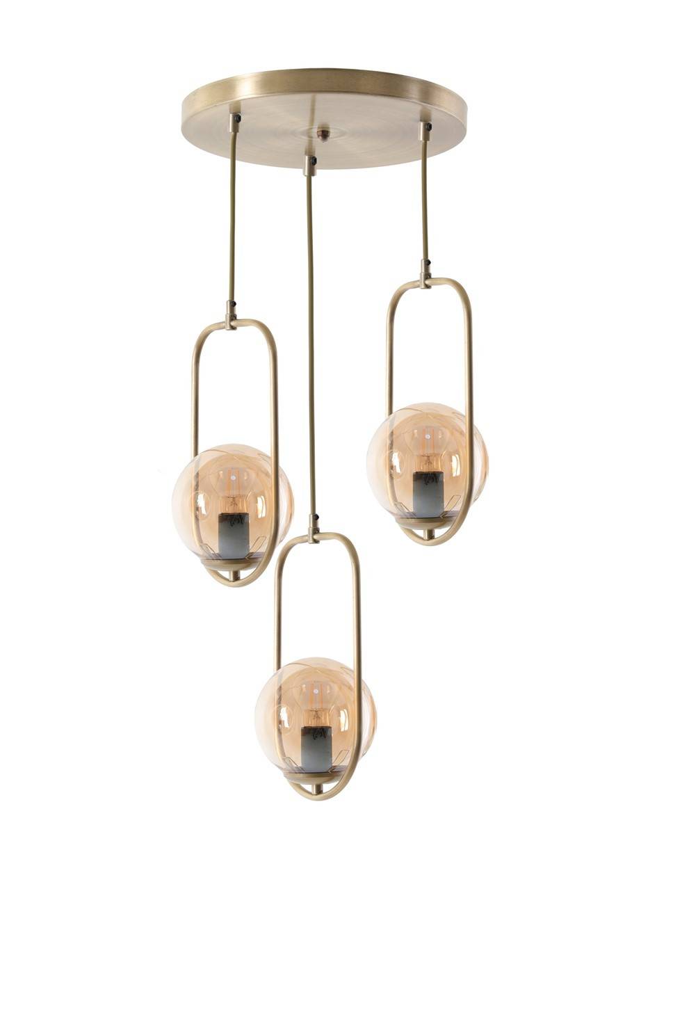 Lampada da soffitto con 3 globi ovali cerchiati Bulla H70 cm Metallo Oro vetro ambrato