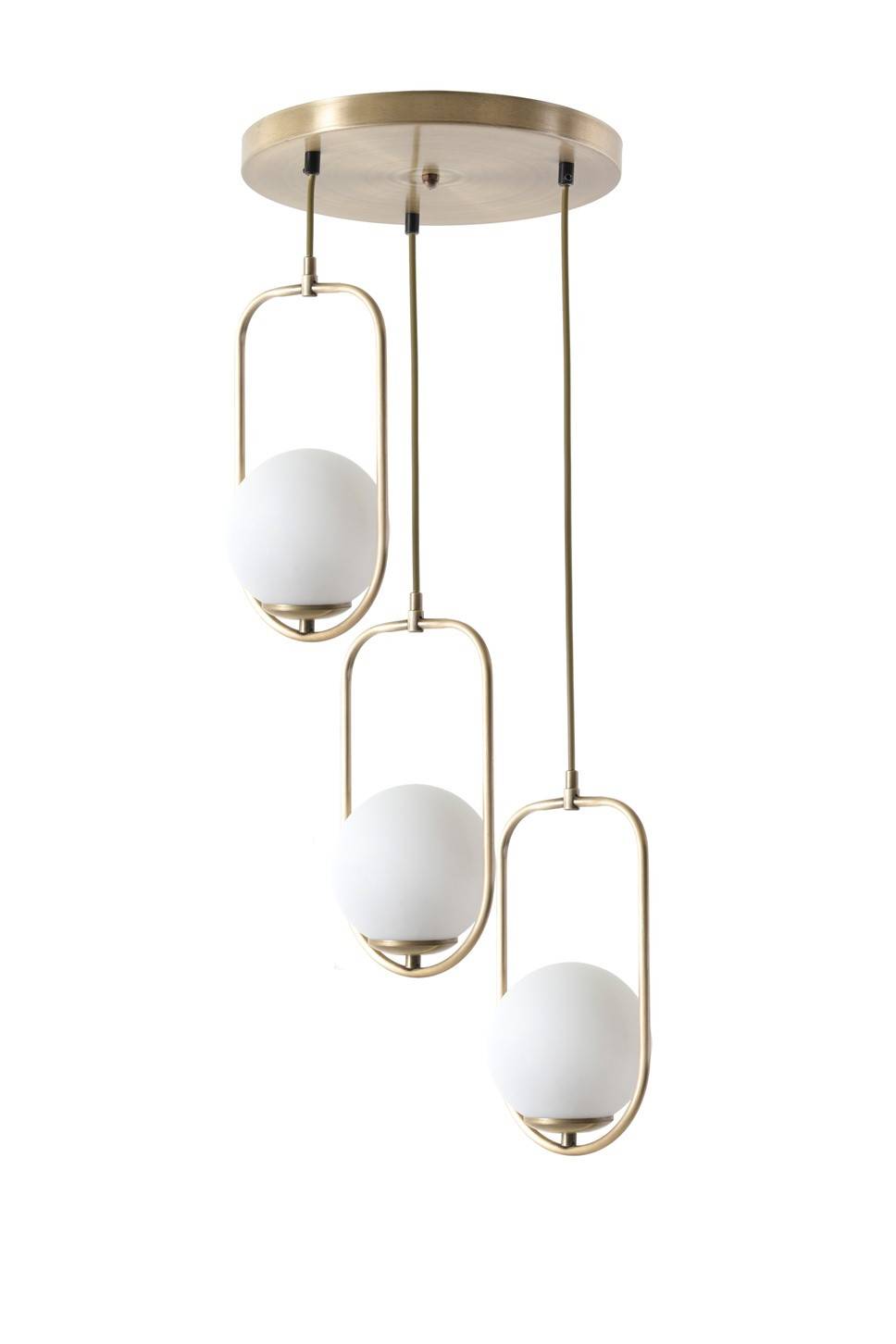 Luminaria de techo con 3 globos ovales anillados Bulla H70 cm Metal Vidrio Oro Blanco