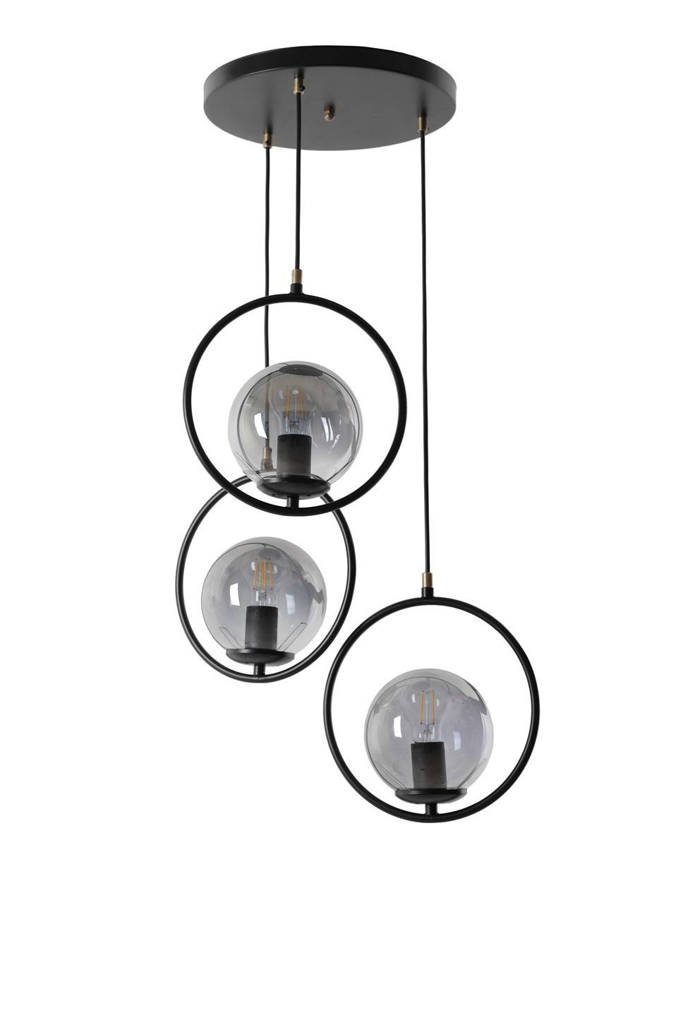 Plafondlamp met 3 ronde globes Bulla H70 cm Metaal Glas Zwart Rook