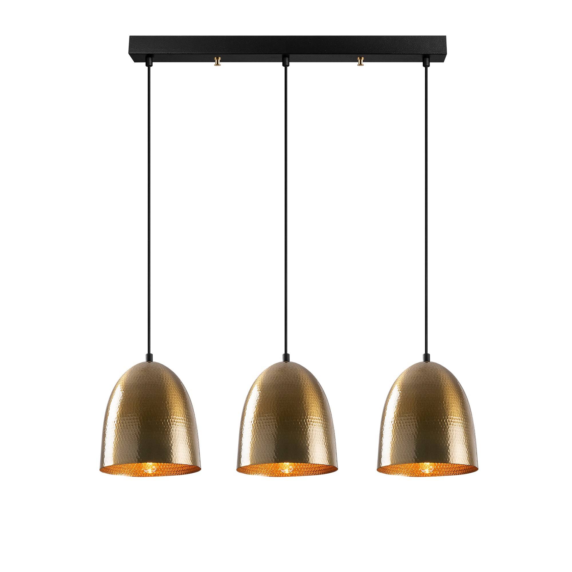 Hängeleuchte 3 Glockenlampen in einer Reihe Gakuli L70cm Metall gehämmert Antikgold glänzend