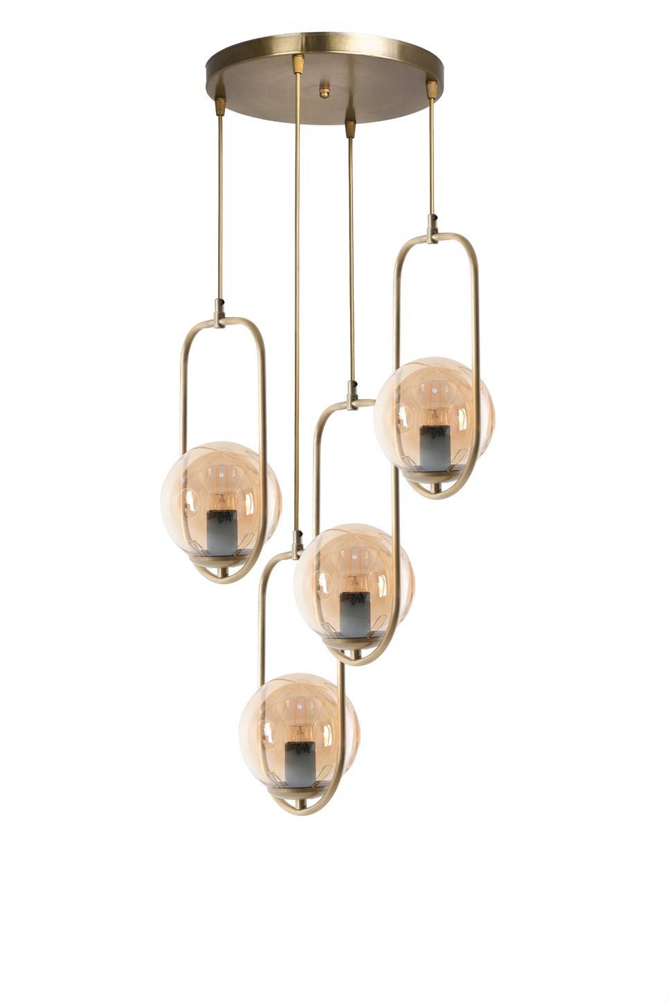 Lampada da soffitto con 4 globi ovali cerchiati Bulla H70 cm Metallo Oro vetro ambrato