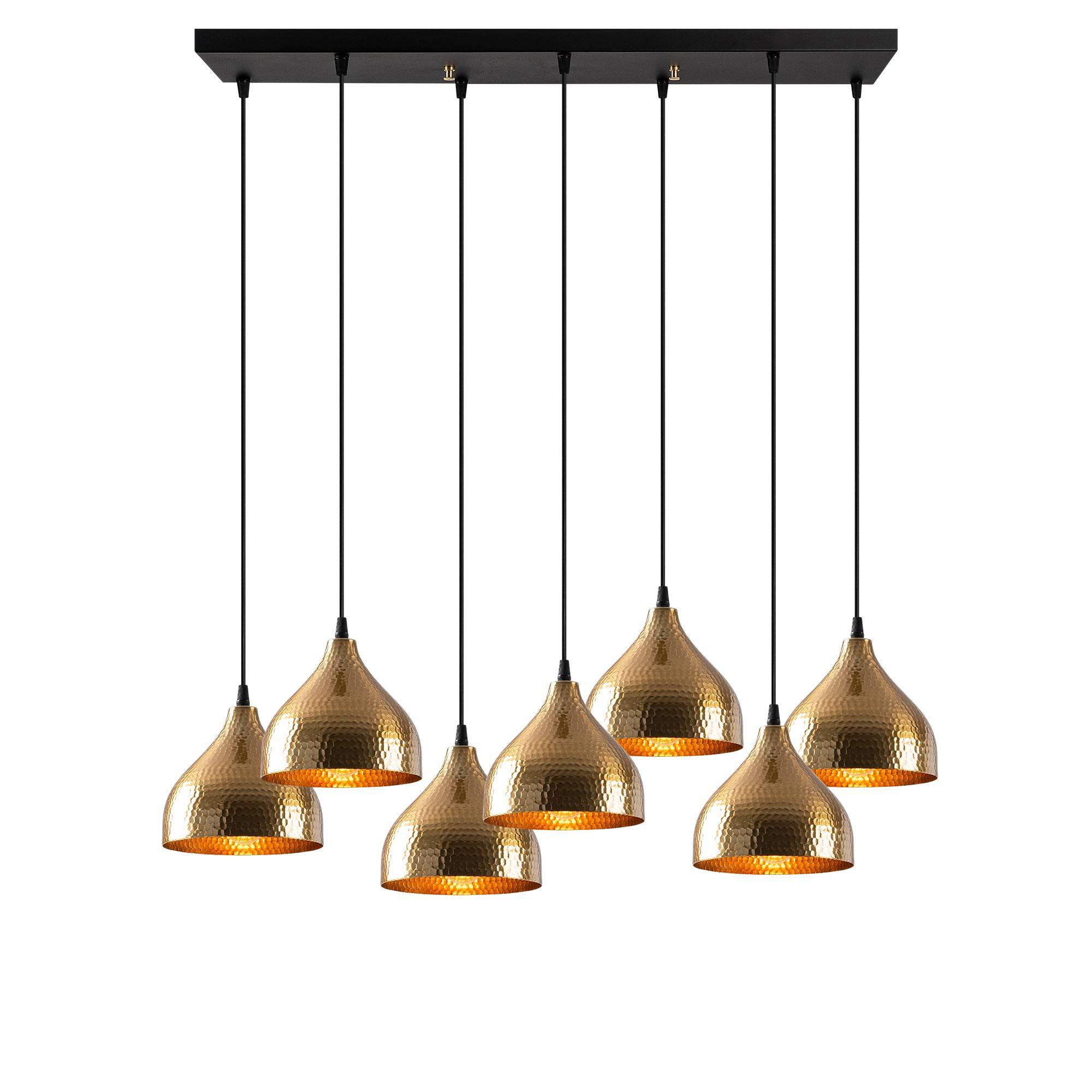 Lámpara colgante con 7 geodas martilladas Tropaeum metal dorado antiguo