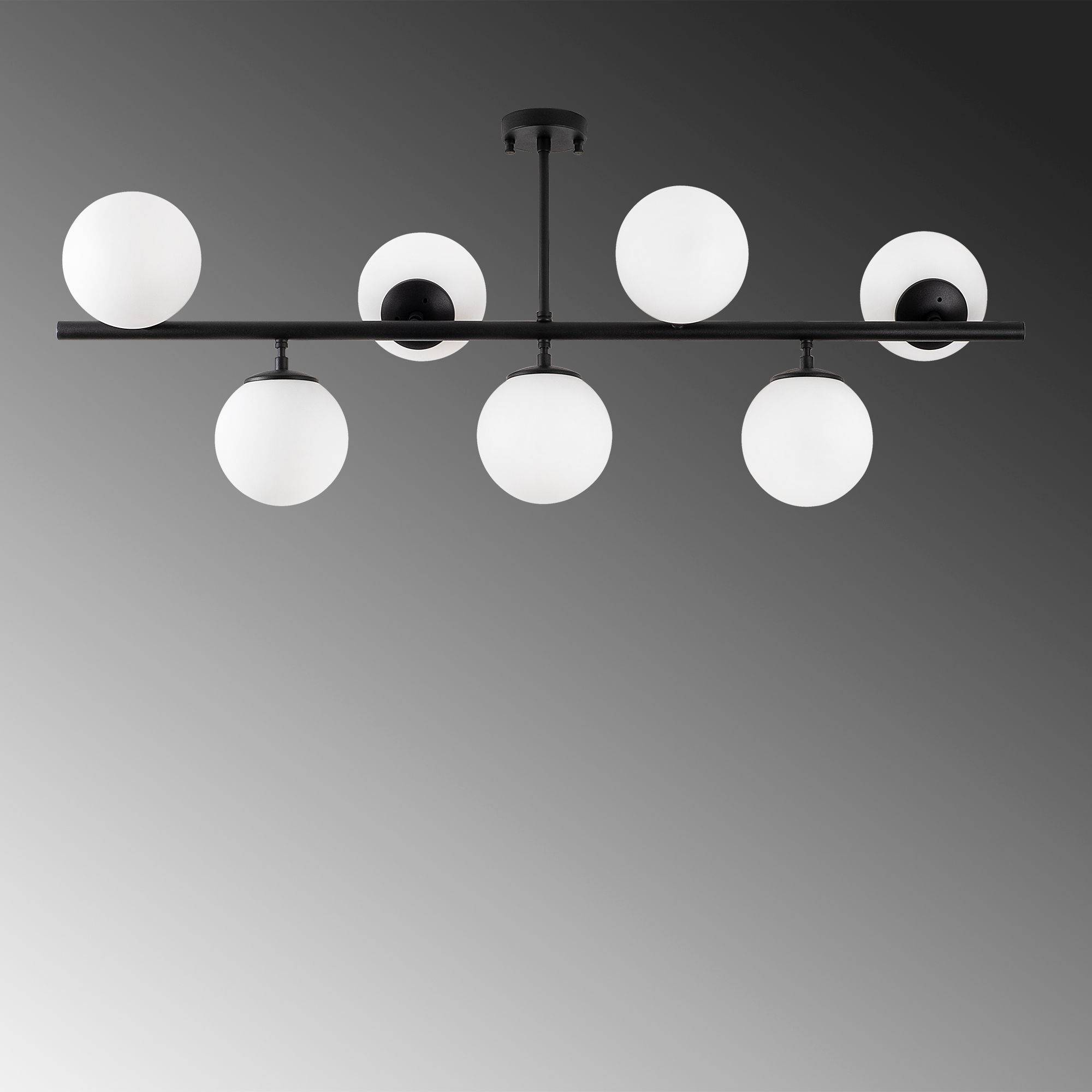 Suspension 7 lampes sphériques Holla 113cm Verre Blanc et Métal Noir