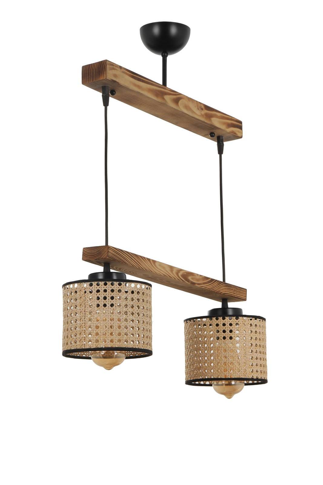 Hanglamp 2 staven 2 kappen Tympaan Hout Caning Bruin Wicker