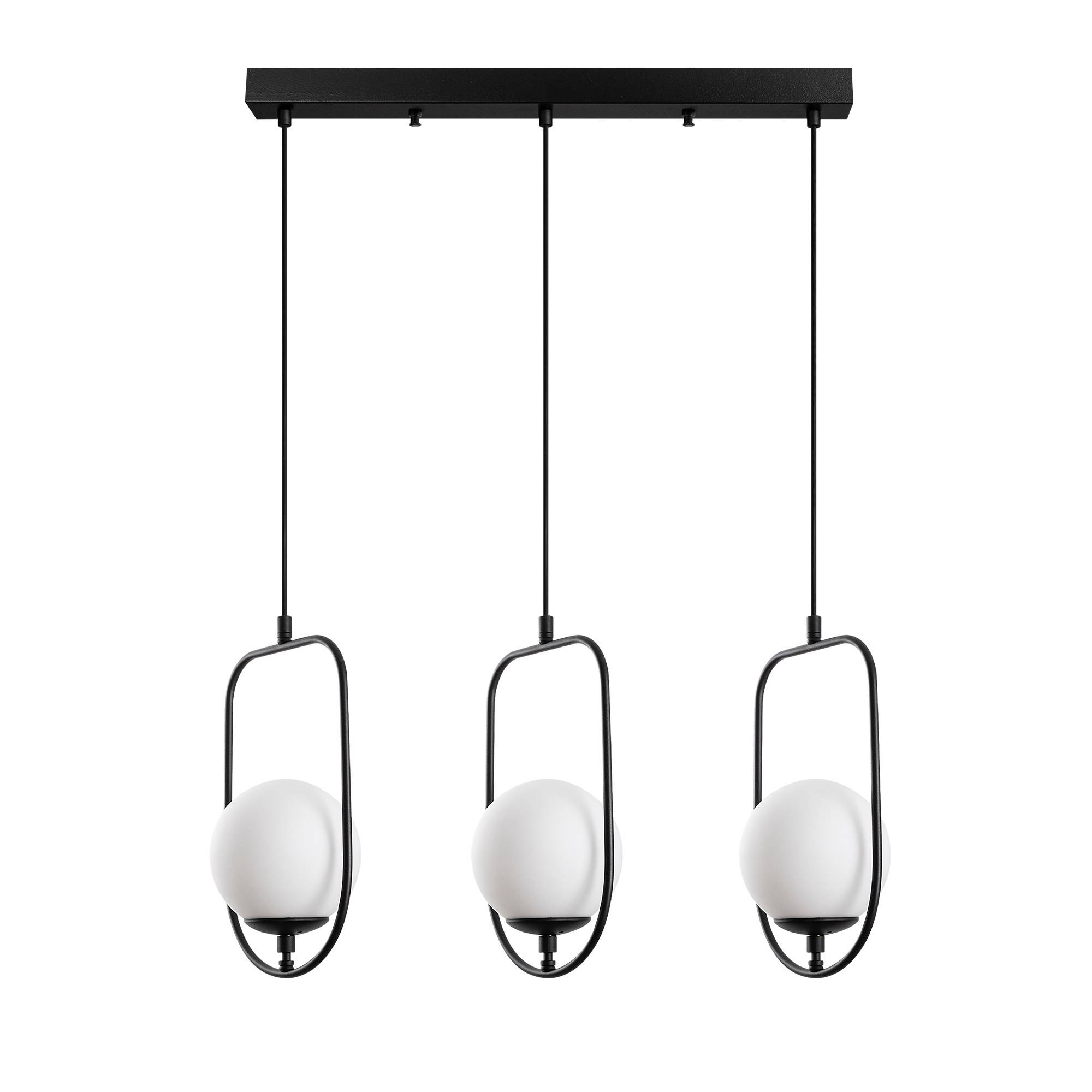 Suspension design 3 lampes alignées Rijin L80cm Métal Noir et Verre Blanc