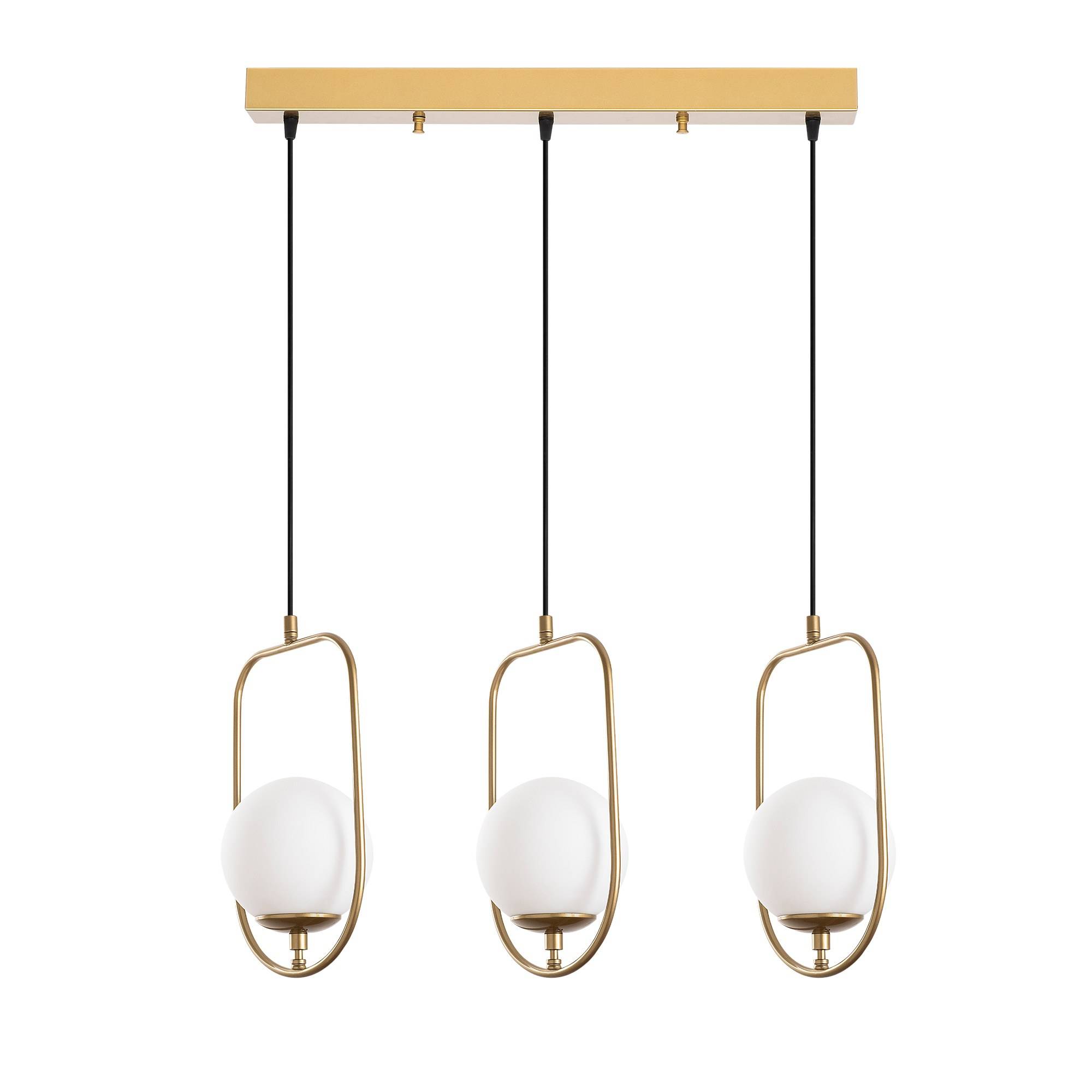 Design Pendelleuchte 3 Lampen in einer Reihe Rijin L80cm Metall Gold und Glas Weiß