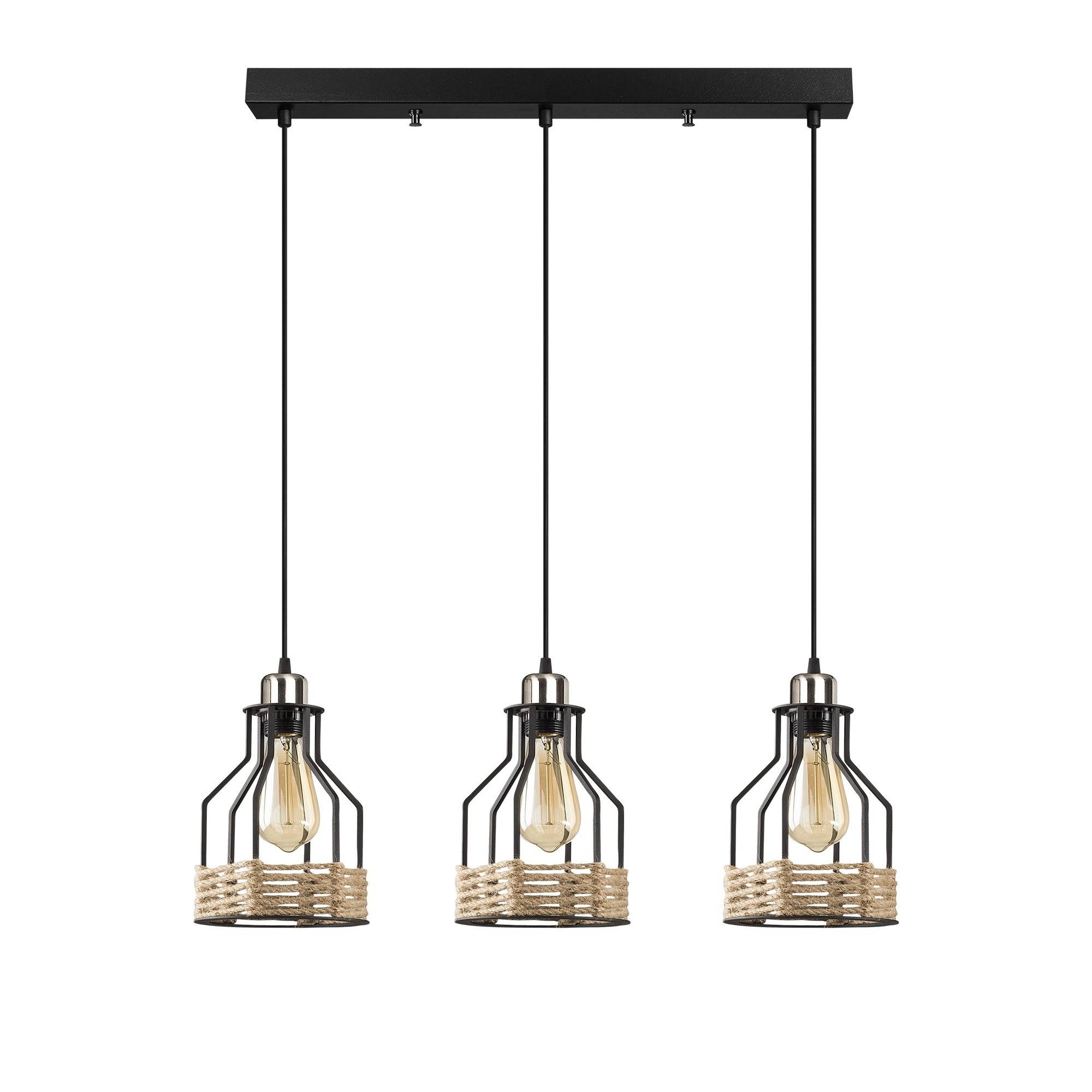 Camarose 3-lamps hanglamp in industriële stijl op een rij 67cm Zwart metaal en chroom