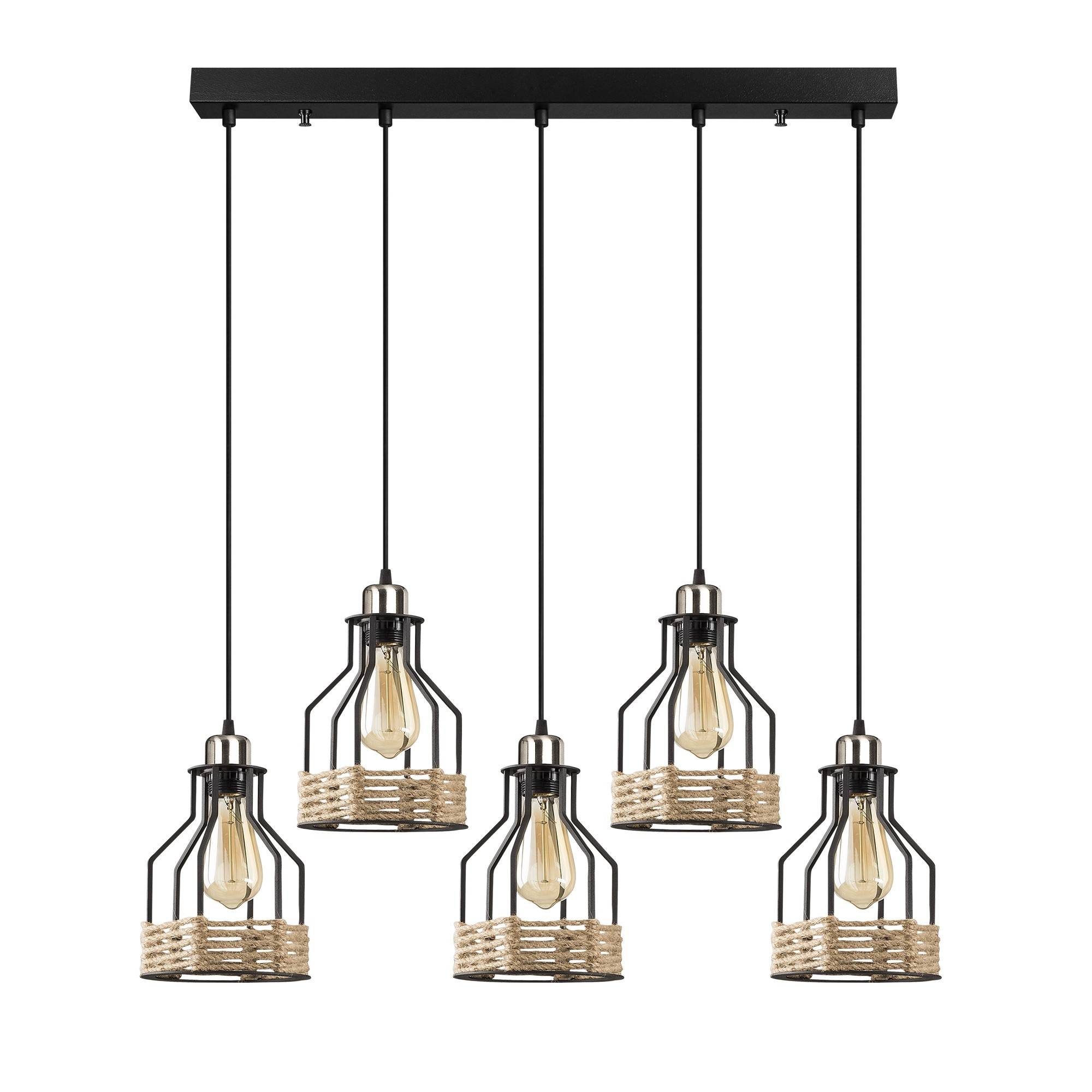 Hanglamp industriële stijl 5 lampen op een rij, verschillende hoogtes Camarose 87cm Metaal Zwart en chroom
