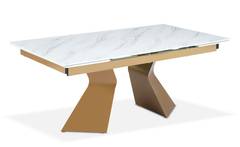 Mesa de comedor extensible Icaria de cristal efecto mármol blanco y patas doradas