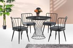 Table à manger style industriel ronde Ciron D90cm Métal Noir et Bois Effet marbre Noir