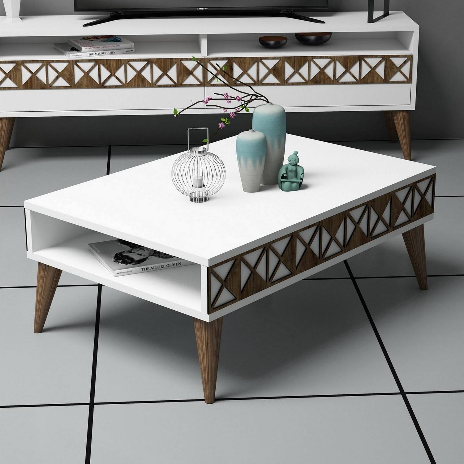 Nakach 1 vak salontafel 90x60cm Geometrisch patroon Hout Wit en Bruin