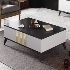 Tavolino Ieraene 39x90cm Bianco, Antracite e Oro con ante basculanti