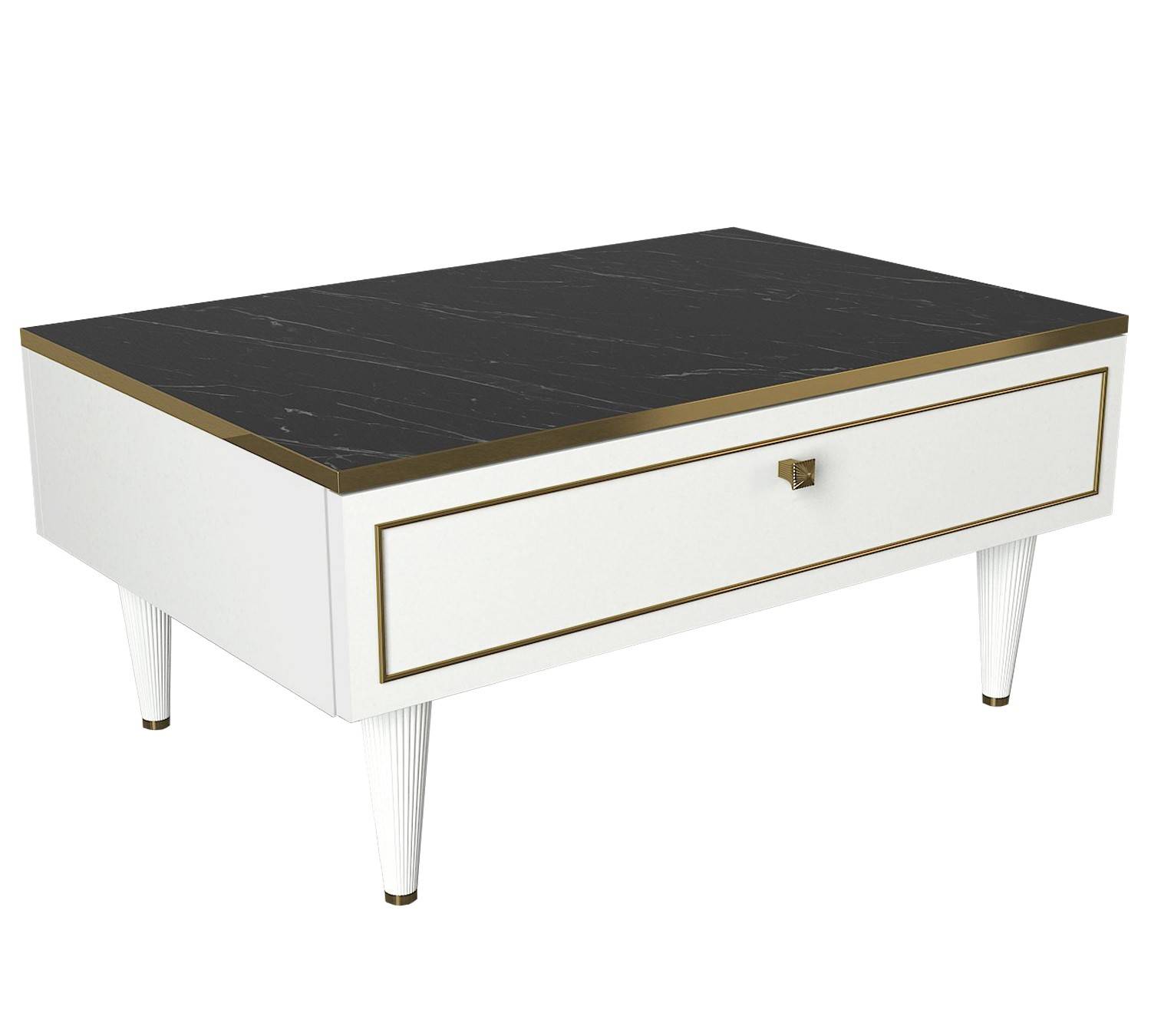 Table basse avec porte battant Ascendere 90x60cm Blanc, Or et Effet marbre Noir