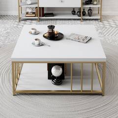 Tavolino quadrato Olliana 90x90cm in legno bianco e metallo dorato