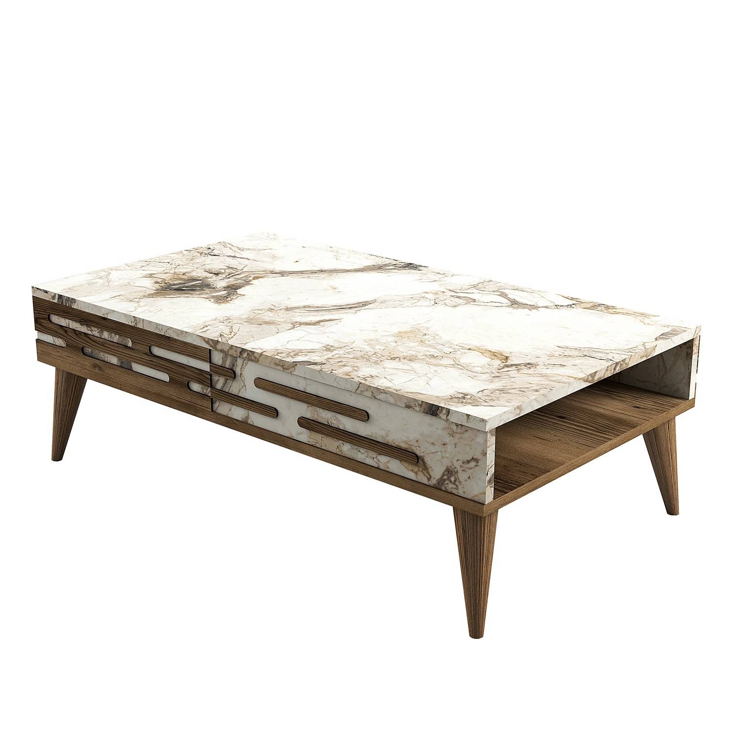 Table basse design Oviva L105cm Bois foncé et Effet marbre Blanc