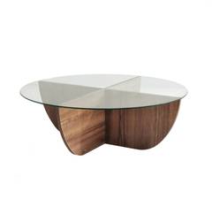 Mesa de centro de diseño Sunac D90cm Cristal transparente y madera oscura