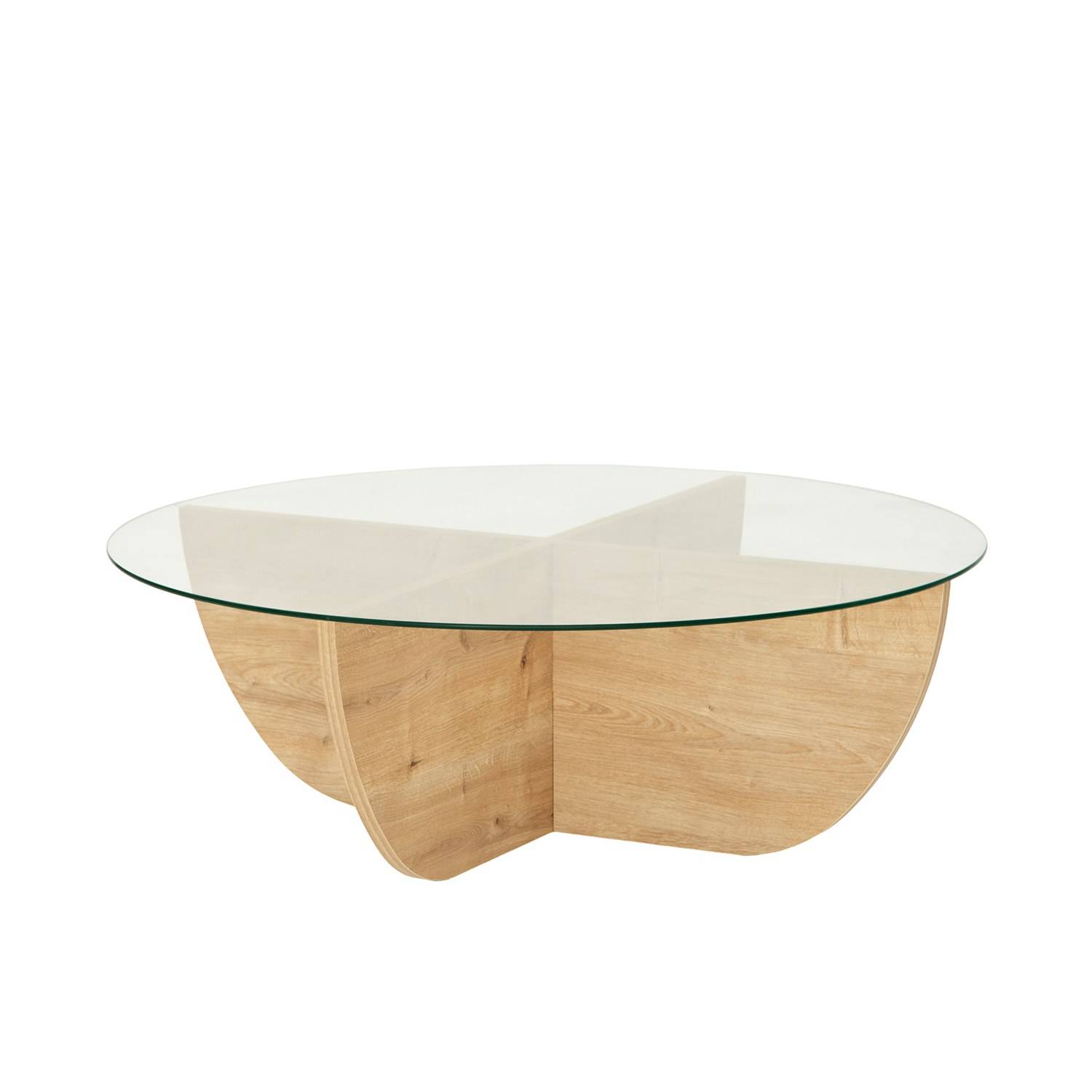 Tavolino di design Sunac D90cm Vetro trasparente e rovere chiaro
