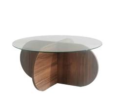Table basse design Venas D75cm Bois foncé et Verre Transparent