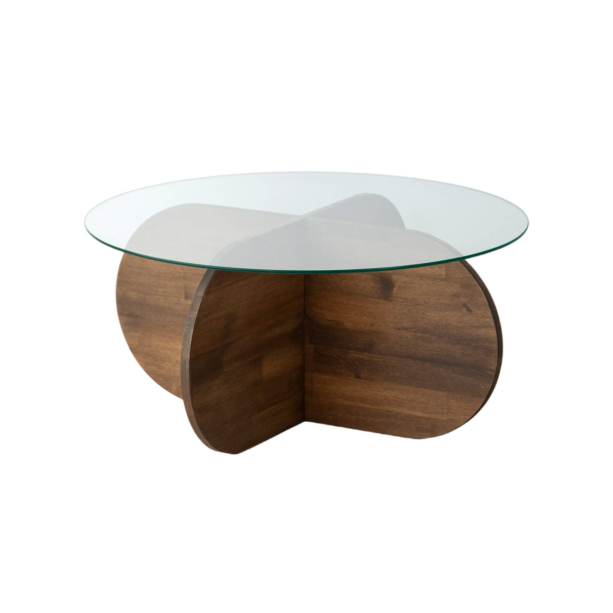 Tavolino design Venas D75cm Pino massiccio scuro e vetro laminato trasparente