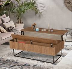 Stela salontafel in industriële stijl Zwart metaal en natuurlijk hout