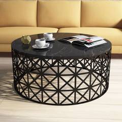 Ellipticum ovale salontafel met opengewerkte roostersteun Zwart Marmer en Zwart Metaal melamine 