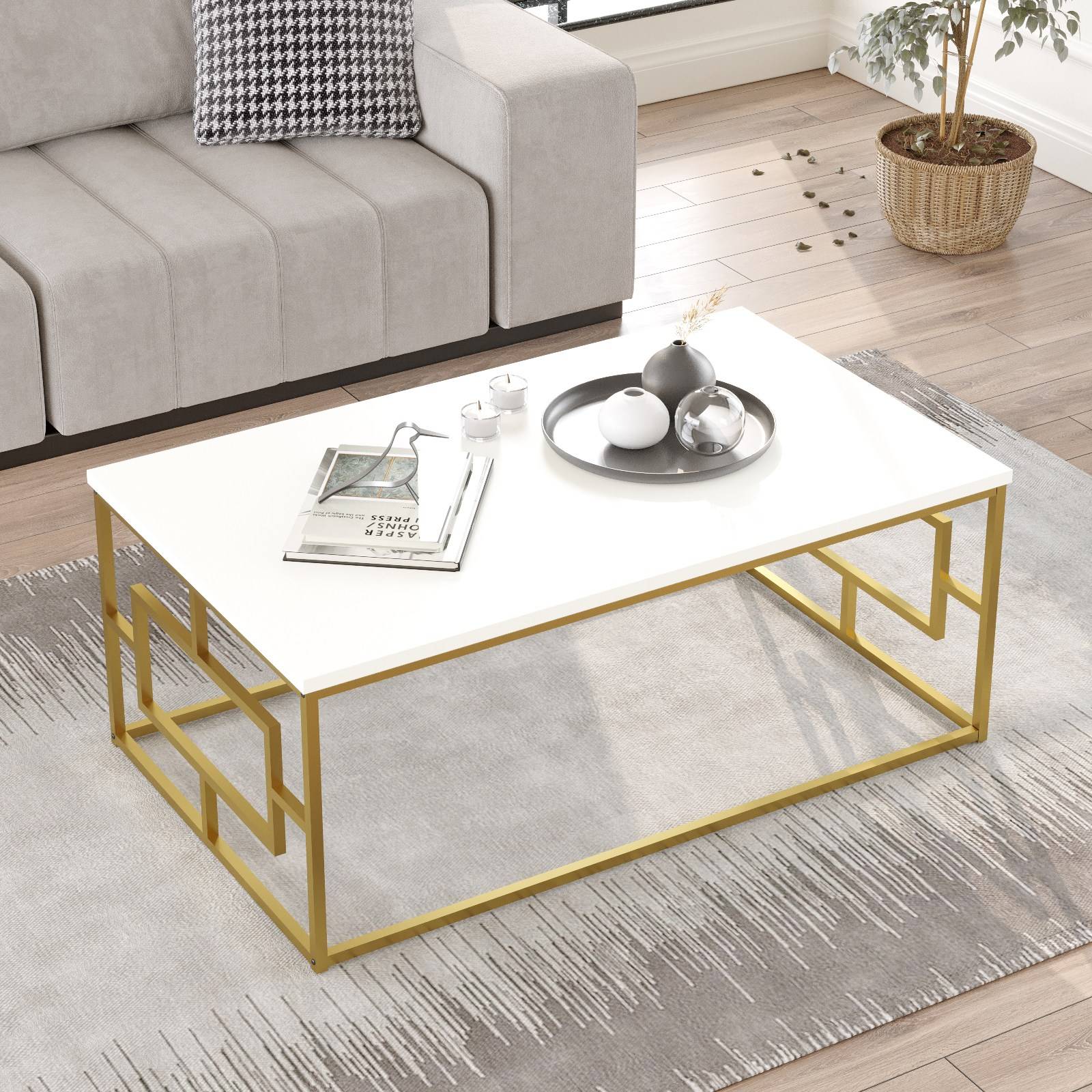 Mesa de centro Ripia W100xD60cm Metal dorado y madera blanca