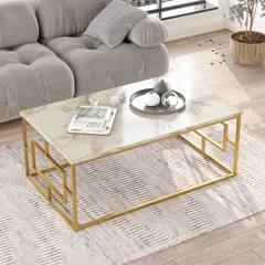 Mesa de centro Ripia A100xP60cm Metal dorado y madera Efecto mármol blanco