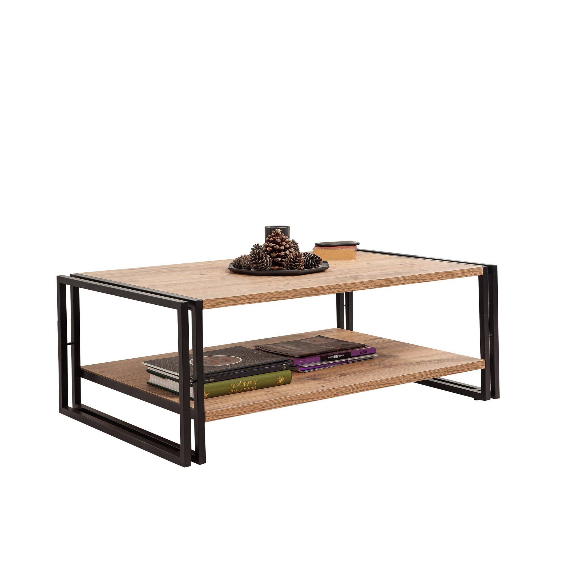 Senlid mesa de centro de estilo industrial L110cm Metal negro y madera natural
