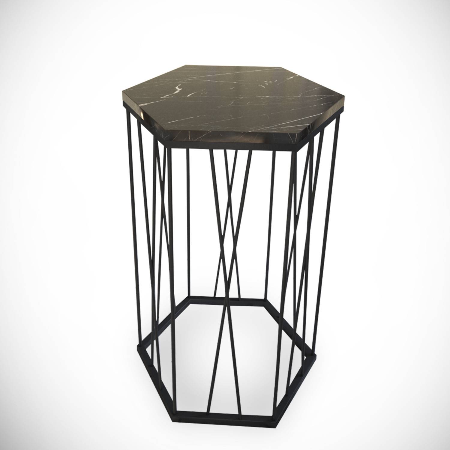 Table d'appoint hexagonale Supellex Bois Marbre Noir et Métal Noir