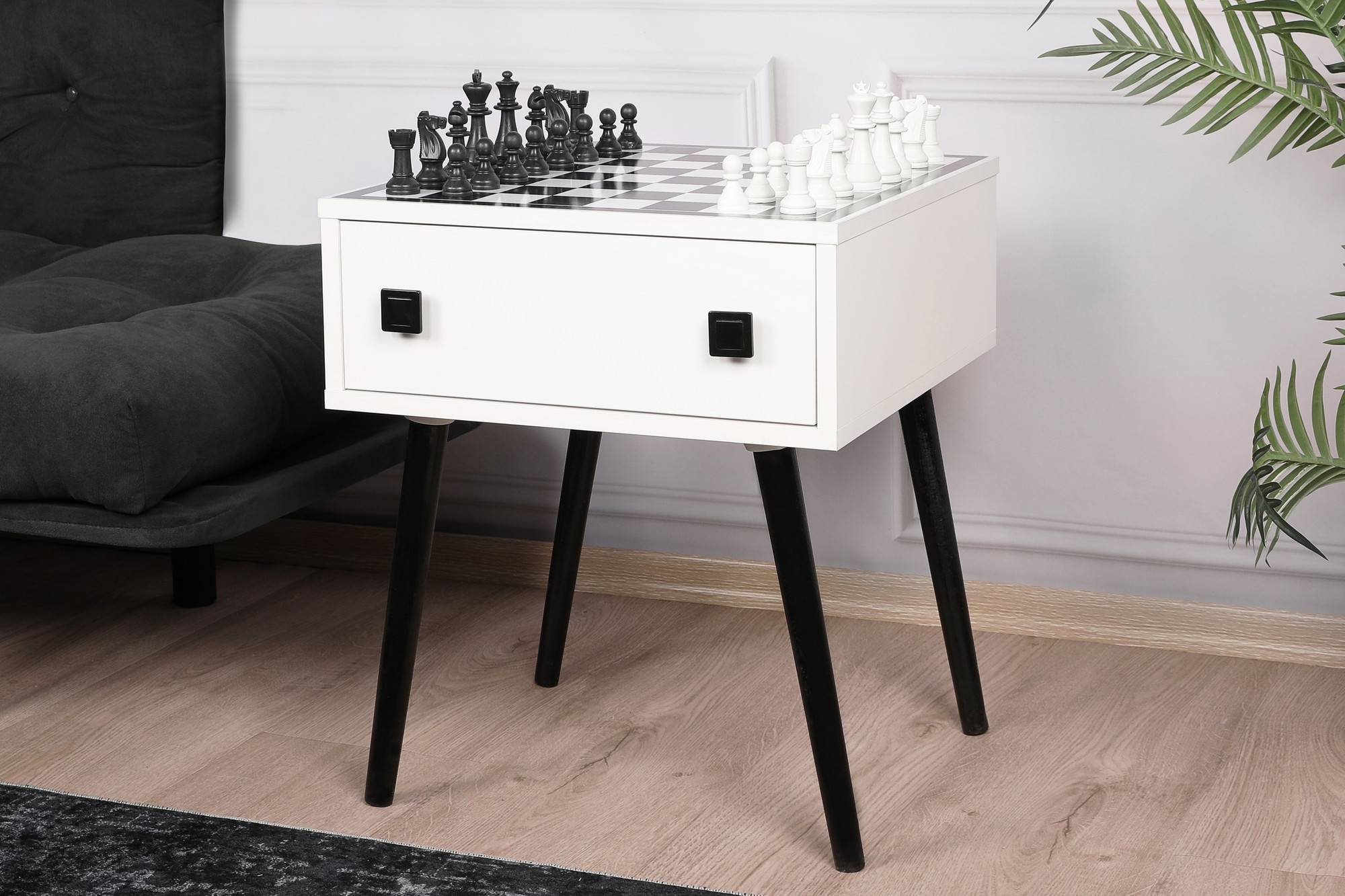 Tavolino in stile scandinavo set di scacchi 1 cassetto motivo scacchiera Ases Bianco e nero