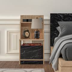 Table de chevet 1 porte et 1 étagère Halti L45xH90cm Bois Chêne et Noir effet marbre