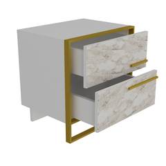 Mohso nachtkastje met 2 lades in wit hout met structuur van goudkleurig metaal